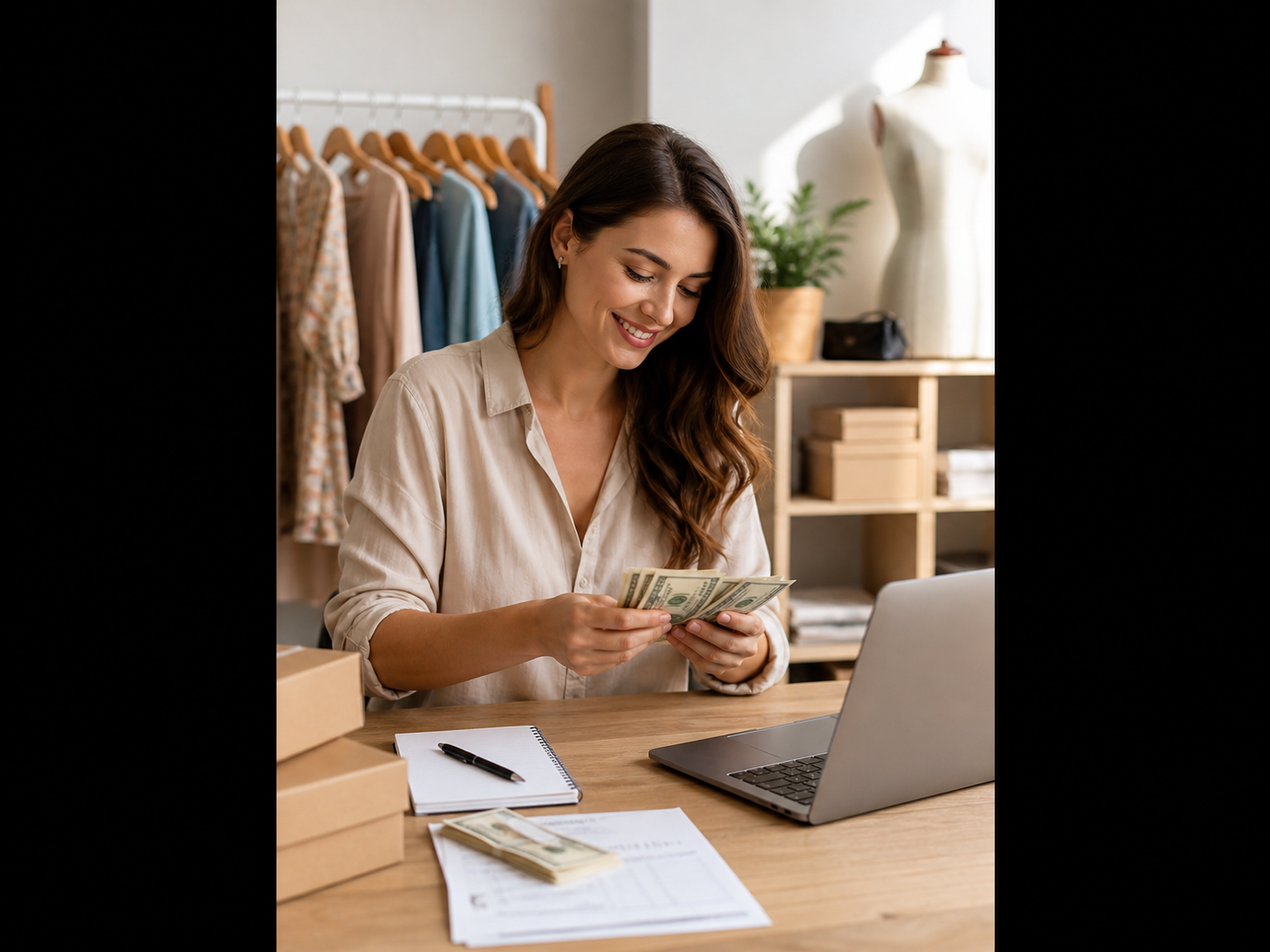 Mujer contando dinero de los beneficios de su negocio